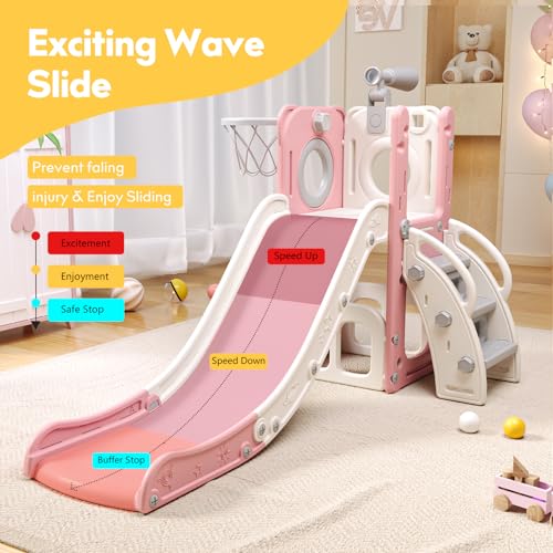 6 in 1 Toddler Playset with Slide,Toddler Slide,Slide for Kids with Basketball Hoop,Ball,Ring Toss,Kids Slide Toddler Playground Toddler Slide Indoor Outdoor Toys - Image 4