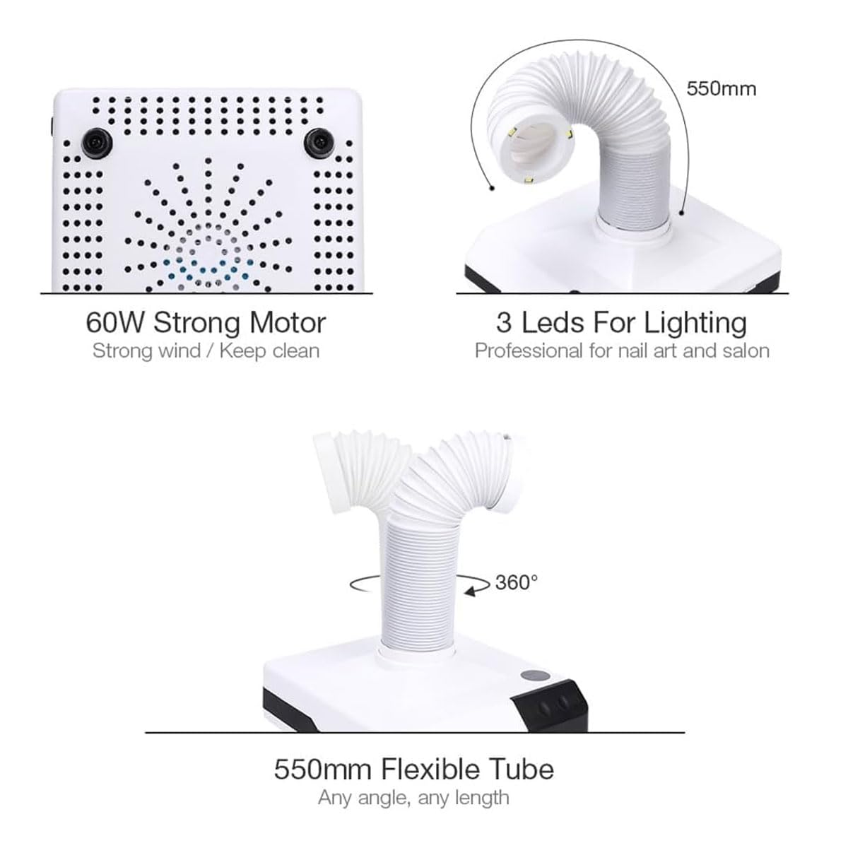 Odpylacz do paznokci 60 W, sprzęt laboratoryjny, z 3 reflektorami LED do oświetlenia, mini pochłaniacz dymu do lutowania, model dentystyczny, odsysacz kurzu, do klinik, grawerowania