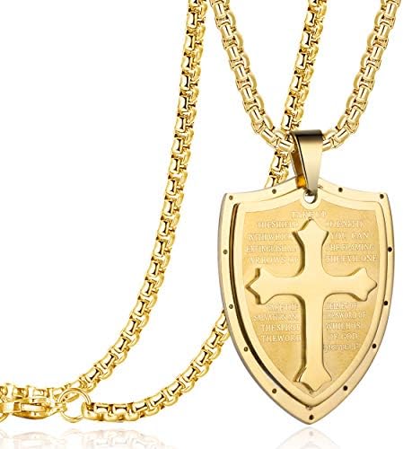 Rehoboth Mens Stainless Steel Shield Armor of God Cross Pendant Necklace Bible Verse Ephesians 6:16-17 Chain 24