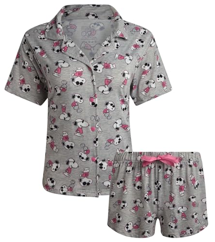 Image of COCO BRANDS Peanuts Snoopy Womens Pajama Set - 2 Piece Short Sleeve Button Down Sleep Shirt and Pajama Shorts