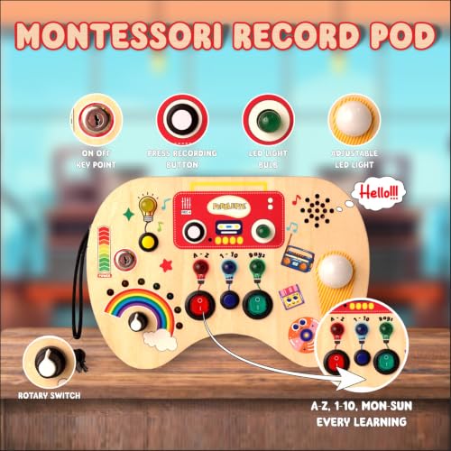 Image of Record Pod Busy Board with Sound Recording for Toddlers (2-5 Years) | Montessori Learning Toy for Speech Development | Interactive Sound & Light Toy | Alphabet, Numbers & Days Songs