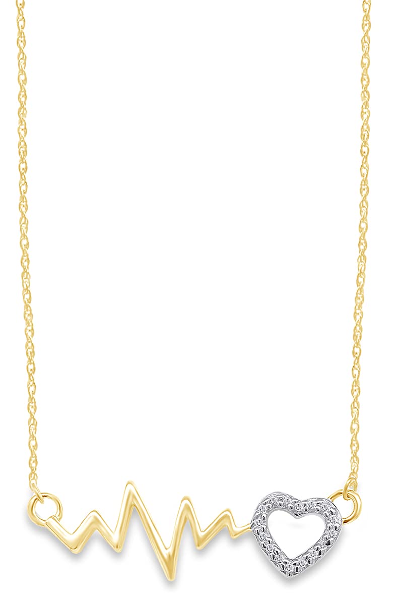 Jewel Zone US 1/20 CT.t.w Round Cut Diamond Accent Two Tone Heartbeat And Heart Pendant Necklace In 925 Sterling Silver, 18" Chain (I-J Color, I2-I3