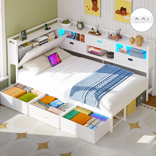 Brinlawb Canapé Lit 90x190 cm avec 6 Tiroirs, Éclairage LED et Multiprise (2 Prises AC 2 Ports USB) Lit Banquette avec Tête de Lit Capitonnée, 3 Compartiments de...