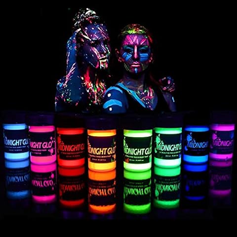 Midnight Glo Black Light Face and Body Paint (Set of 8 Bottles 0.75 oz. Each) - Neon Fluorescent Paint Safe On Skin, Washable, Non-Toxic Cover
