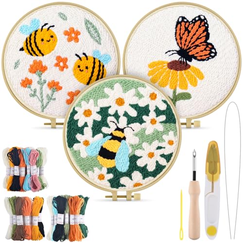 TINDTOP 3 Sets Punch Needle Kits, Flowers Punch Embroidery Kits for Adults Beginner, Tool with Punch Needle Fabric, Hoops, Yarns and Sewing Needles