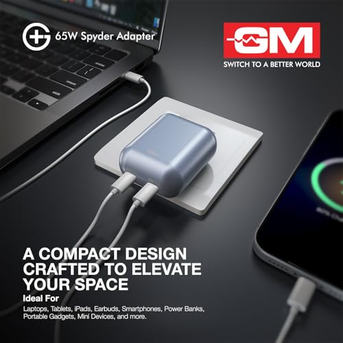 Image of GM G+ 65W Spyder GaN Charger | Foldable Indian Pin | Travel Friendly | Compact Dual-Type-C Port | Fast Charging for iPhone, Samsung, Laptop, MacBook Air, MacBook M4 | 1 Year Warrant | Light Blue