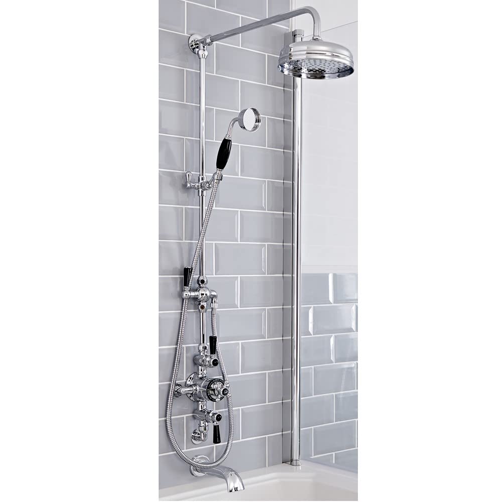 Milano Chrome & Black Elizabeth Rigid Riser Thermostatic Valve Round Shower Head Handset Bath Spout - Chrome