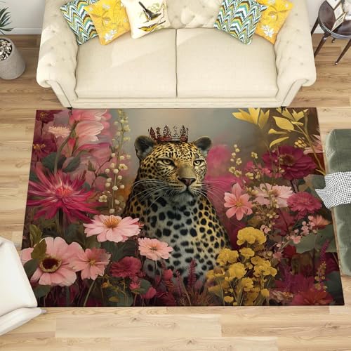 Tapis poils courts fleurs et imprimé léopard antidérapant rouge clair