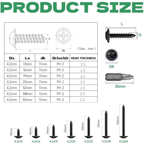 HXJDAM 120Pcs M4.2x38mm Black Self Tapping Screws - Flat, Pan, Wafer Head Screws for Plastic Sheet Metal, Pasterboard, Wood, Aluminum - Image 2