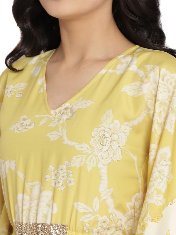 Image of Ahalyaa Women Lime Green & Off White Floral Printed Flared Sleeves Floral Kaftan Kurta