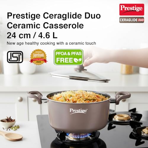 Image of Prestige Ceraglide Duo Casserole 24cm /4.6L with Glass Lid Non-Stick Ceramic Coating|Works On Gas & Induction|High Heating|Cool Touch Handle|Grey