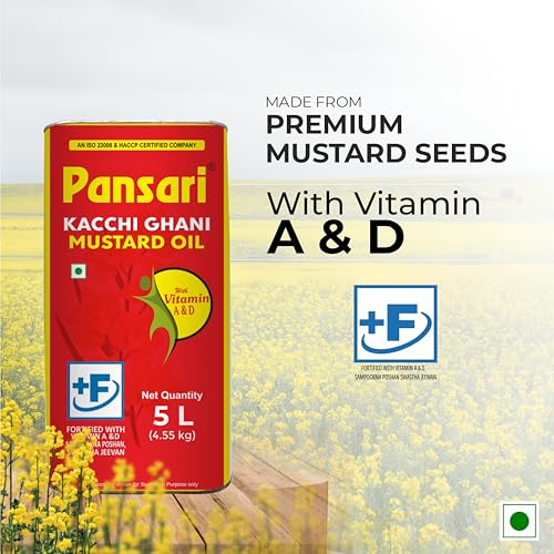 Image of Pansari Premium Kacchi Ghani Mustard Oil | Cold Pressed & Naturally Extracted | Fortified with Vitamin A & D | Rich in Omega 3 & 6 | Ideal for Cooking, Skin & Hair Care - 5L Tin