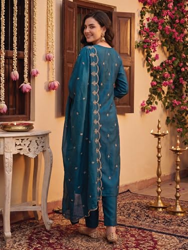 Image of INDO ERA Women's Silk Blend Embroidered Thread Work Kurta & Pant with Dupatta Set | Suit Set For Women