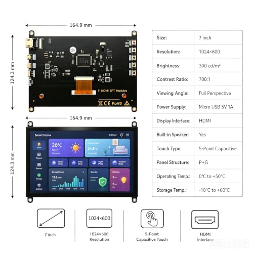 Image of NEW! Touch Screen 7 inch Display IPS 1024x600 HDMI Display, USB Powered Capacitive Touchscreen with Dual Speakers for Raspberry Pi 4 3 Windows AIDA64 Temperature CPU Monitoring