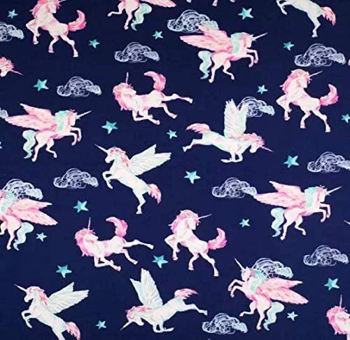 Premium 100% Cotton Flannel Fabric by the Yard - Enchanting Pegasus Unicorn Pattern in Navy Blue