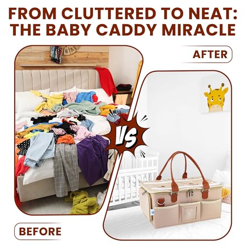 Image of OCEANEVO Cute Felt Diaper Caddy Organizer Bag with Lid and Removable Shoulder Strap | Baby Basket Essentials for Newborn Baby Products Storage with Compartments | 40 x 27 x 19 cm | Model 2 - Beige