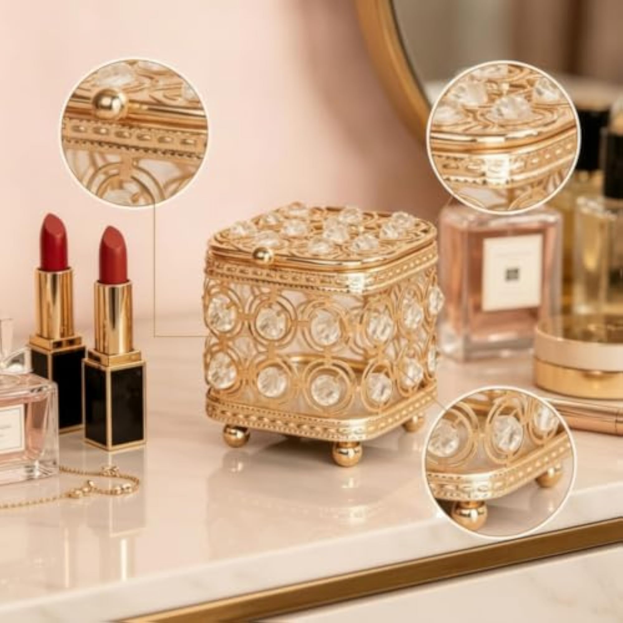 Gold-Tone Decorative Jewelry Box with Crystal Embellishments