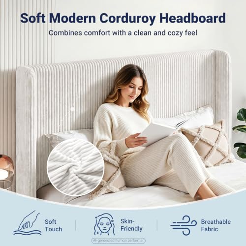 Image of Allewie Full Lift-Up Storage Bed Frame, Corduroy Wingback Headboard, White