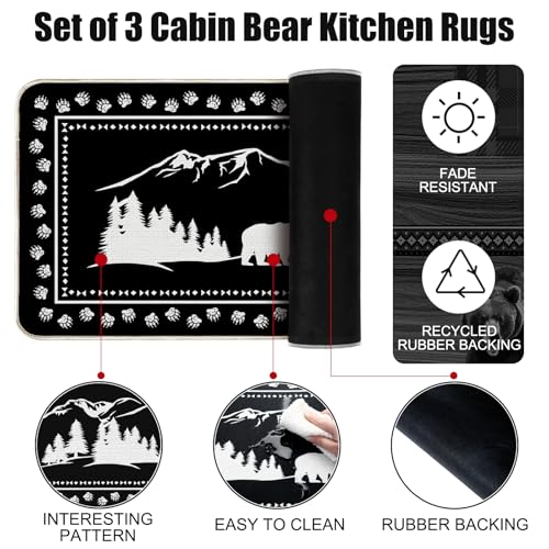 Pickmesh Set of 3 Kitchen Mats Cabin Bear Rugs Woodland Nursery Rug Decor Rustic Lodge Theme Area Rug with Bear and Cub Mountain Scene Cabin Rug for Home Bathroom (Black, White,Forest)