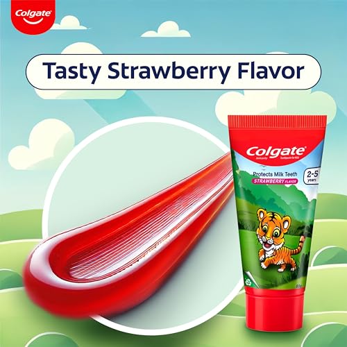 Image of Colgate Kids Tiger Toothpaste for 2-5 Years - 80gm, Tooth Paste with 50% Lesser Abrasive Formula for Protecting Against Cavities (Strawberry Flavour)