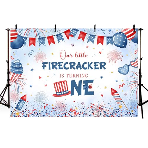 MEHOFOND 4th of July Firecracker 1st Birthday Backdrop for Boy Independence Day Our Little Firecracker is Turning One First Birthday Party Decoration Banner Photo Booth 7x5ft