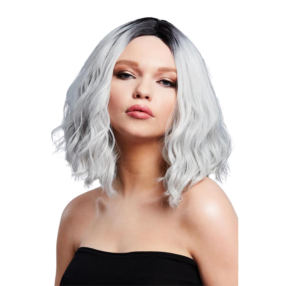Smiffys Fever Cara Wig, Two Toned Blend, Ice Silver Wavy Long Bob, Centre Parting, 33cm / 13in, Fever Wigs Fancy Dress, Fever Dress Up Wigs