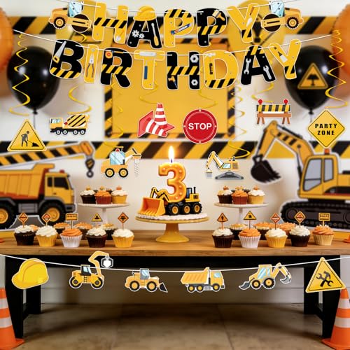 Image of Hooqict Happy Birthday Banner Construction Birthday Party Supplies with Vehicle Truck Hanging Swirls Ceiling Streamers for Kids Boys 1st 2nd 3rd Construction Excavator Tractor Birthday Party Decorations