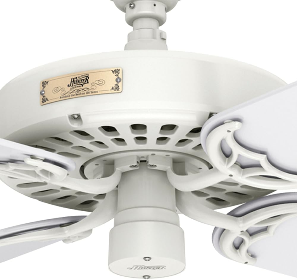 Close-up of Hunter fan motor housing and blade attachment