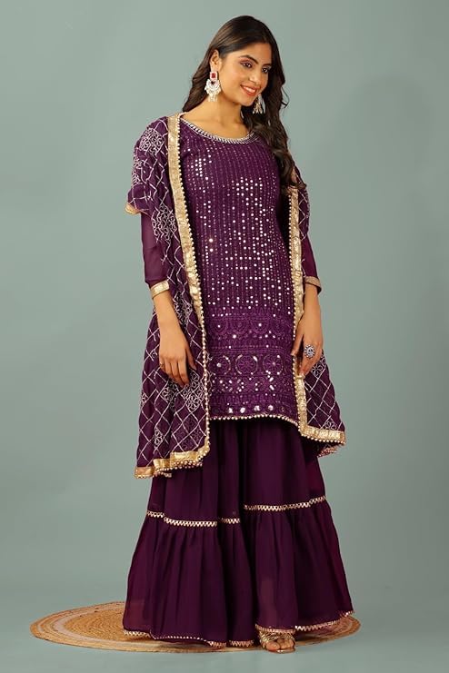 Image of Women's Designer Chinon Silk Sharara Suit Set, Sequence Embroidery Kurti with Tiered Sharara and Dupatta