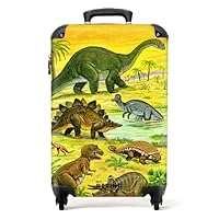 NoBoringSuitcases.com® Children's Luggage Kids Suitcase for Boys - Hand Luggage - Cabin Suitcase - Hard Shell Trolley 55x40x20 cm on Wheels - Dino Illustration Yellow - 20\" - 10kg