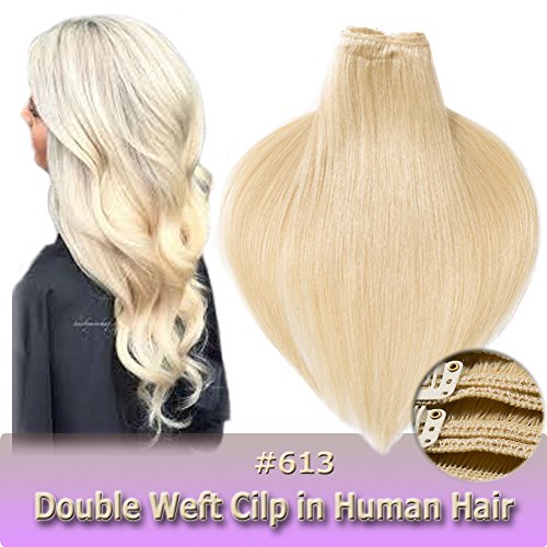 24 Inch/170g Clip in Human Hair Extensions Bleach Blonde Double Weft Thick 8pcs 18 clips Long Remy Human Hair (24" #613)