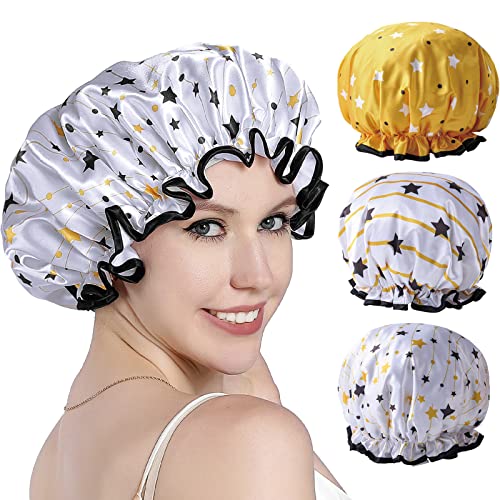 YIZIJIZI 3 Pack Reusable Shower Cap, Large Shower Caps for women, Double Layer Waterproof Hair Caps for Long Thick Hair Bath Caps for Hair Care… (Striped and star)