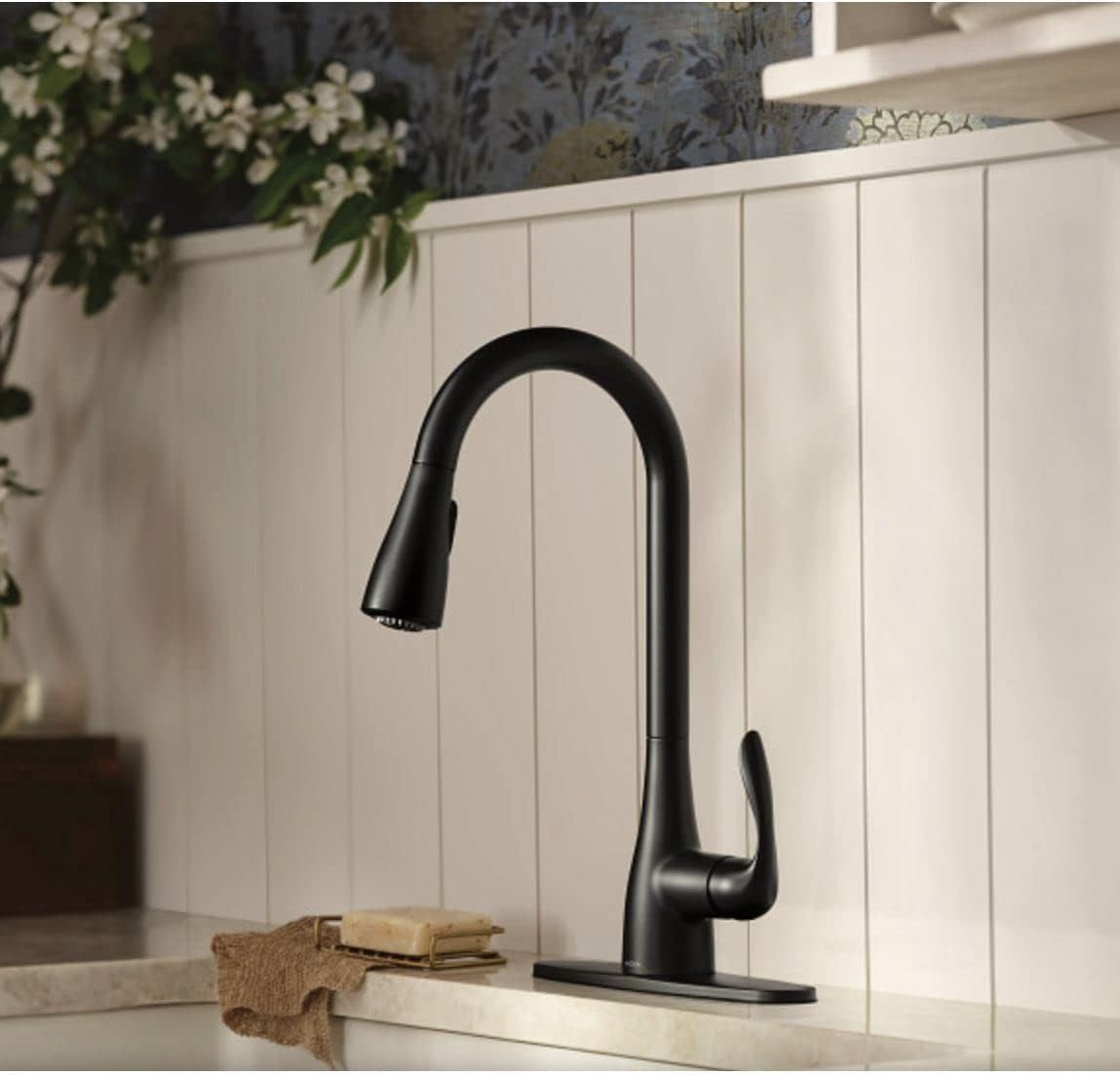 Moen 87912BL Georgene Matte Black Single Handle High-Arc Kitchen Faucet with Sprayer Function (Deck Plate Included)
