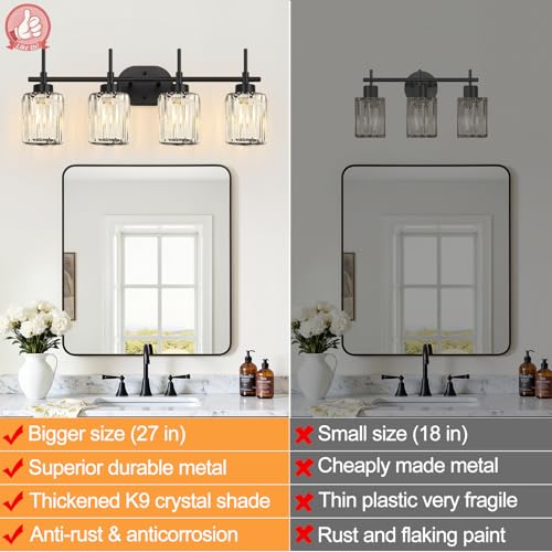 Image of Matte Black 4-Light Crystal Bathroom Vanity Light, Modern Bathroom Light Fixture Over Mirror, Black Vanity Lighting for Bathroom, Bulbs Not Included