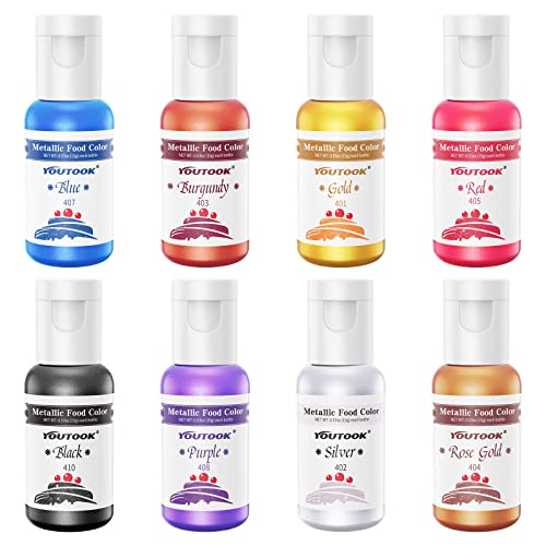 Food Coloring Metallic Color Paint, 8 Colors Most Popular YouTook Metallic Edible Paint for Airbrush Cake Paint, Baking, chocolate, candy, donuts, biscuits, DIY Supplies Kit. 0.53 Fl. Oz Each Bottles