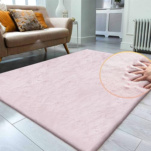 Pink Fuzzy Faux Rabbit Washable Fur Rug for Girls Bedroom 4x6 Shag Area Rugs for Living Room Boho Nursery Rug