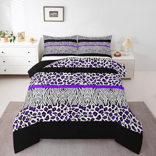 Image of Feelyou Kids Full Size Purple Leopard Comforter Set Zebra Bedding Set Purple Black Comforter for Kids Boys Girls Animal Duvet Insert Adult Bedroom Decor 3Pcs
