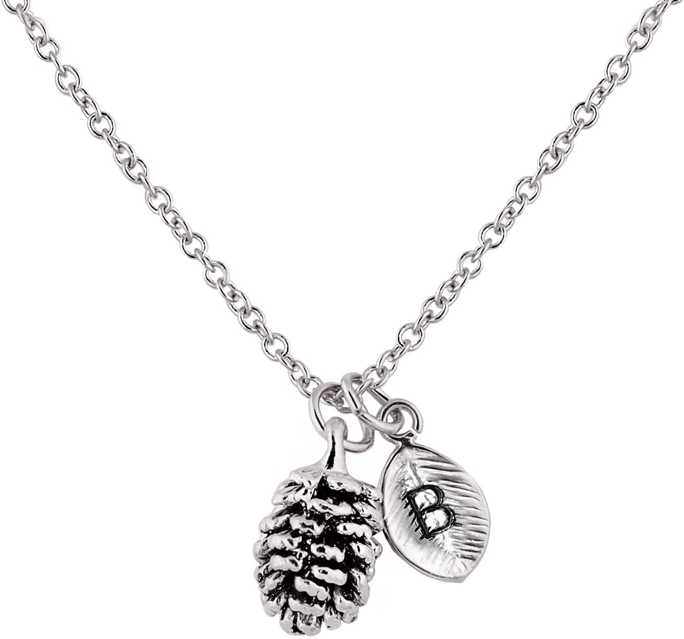 MignonandMignon Silver Dainty Pinecone Necklace Initial Necklace Nature Necklace Leaf Necklace for Her