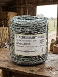 Schahba Stacheldraht Rolle verzinkt | 250m Sicherheitszaun für Garten & Grundstück | 1,6-1,8 mm Drahtstärke, 4-spitzig & rostbeständig