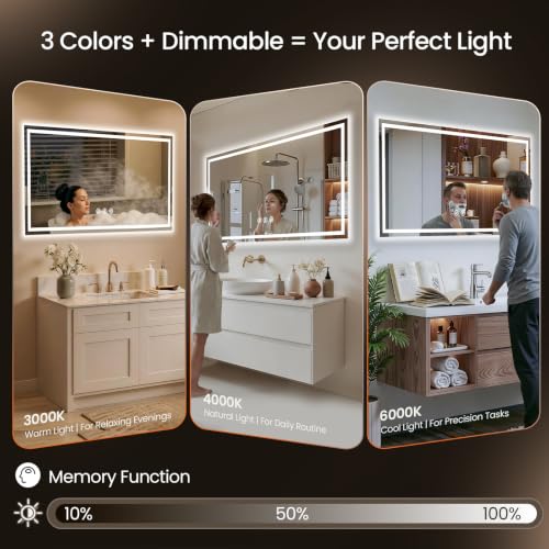 Image of 48x40 LED Bathroom Mirror with Anti-Fog, Backlit & Front Lit, Memory | Stepless Dimmable 3 Color CRI 95+ Shatterproof Tempered Glass ETL Listed for Safety Lighted Bathroom Vanity Mirror for Wall