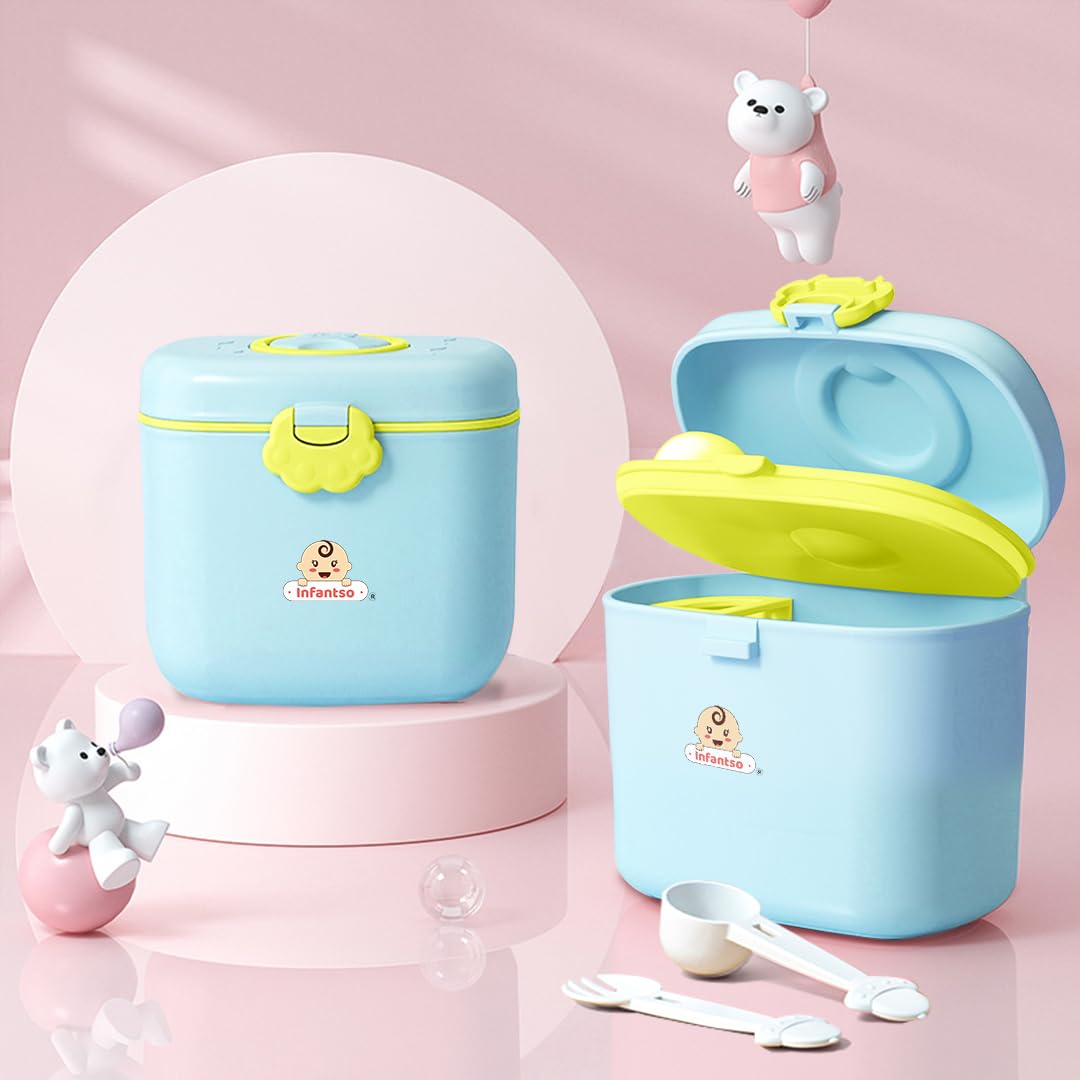 Infantso FEED EASE (2-in-1) Baby Milk Powder & Food Container | BPA-Free, Leak-Proof Bear Box, Travel-Friendly with Spoon & Fork, Baby Essential Food Storage Box, Snack Box, Baby Milk Powder Box-360gm