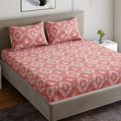 Image of Dreamscape Microfibre Wrinkle & Fade Resistant Double Bedsheet with 2 Pillow Covers - (Size 87 x 94 inches, TC, Colour - Coral)