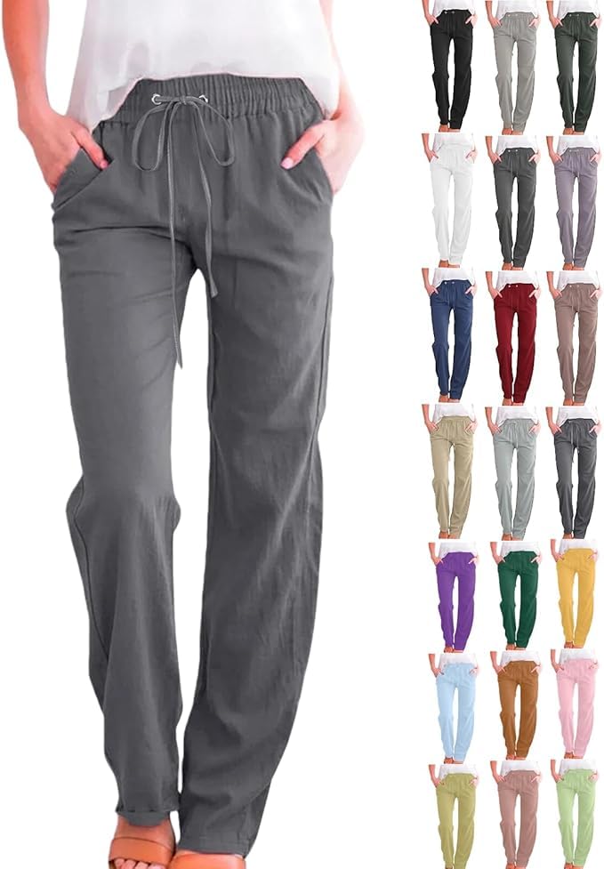 Image of Linen Pants Women 2026 Spring Summer Fashion Straight Leg Pant Dressy Casual High Waisted Loose Trousers with Pockets