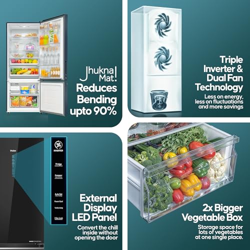 Image of Haier 445 L 2 Star Frost Free Bottom Mount Double Door Refrigerator|Convertible 14-in-1|Jhukna Mat-Bottom Freezer|Digital Display Panel|Triple Inverter|Twist Ice Maker (HRB-4952CKG-P, Black Glass)