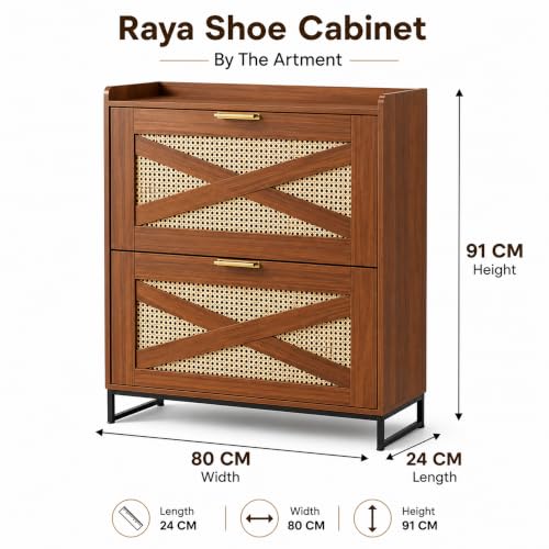 Image of The Artment your artistic apartment Raya Shoe Cabinet with Natural Rattan Weave, Warm Oak Finish, Slim Entryway Shoe Storage for 8 to 14 Pairs, Modern Rustic Japandi Organizer with Metal Base
