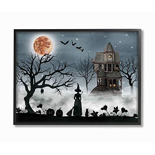 Stupell Industries Halloween Witch Silhouette in Full Moon Haunted House Scene Black Framed Wall Art, 16 x 20, Design by Artist Grace Popp Stupell Industries Halloween Witch Silhouette in Full Moon Haunted House Scene Black Framed Wall Art, 16 x 20, Design by Artist Grace Popp