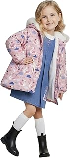 جاكيت شتوي للبنات، بينك مع طباعة قلب، غطاء رأس من الفرو الصناعي، معطف مبطن دافئ