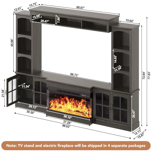 Image of MXV 98 inch Farmhouse Fireplace TV Stand, Large Wall Unit Entertainment Center with 36 inch Electric Fireplace, Media Console with Storage Cabinets and Open Shelves for Living Room, Grey