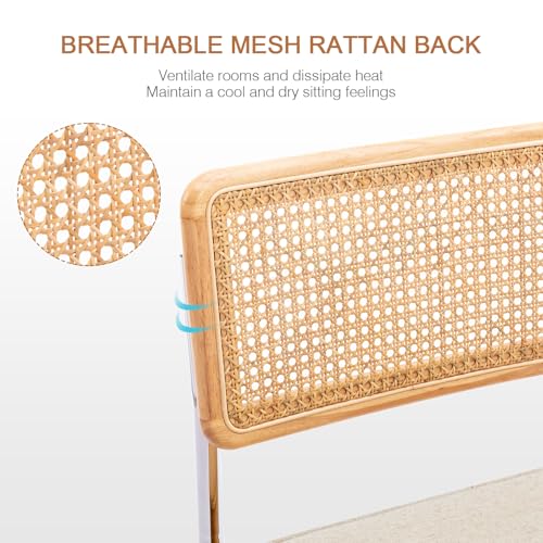 Image of Zesthouse Natural Rattan Dining Chairs Set of 2, Mid Century Modern Dining Chairs with Solid Wood Back & Chrome Base, for Kitchen Living Room, Breuer Design Inspired, Upholstered Linen Fabric, Beige