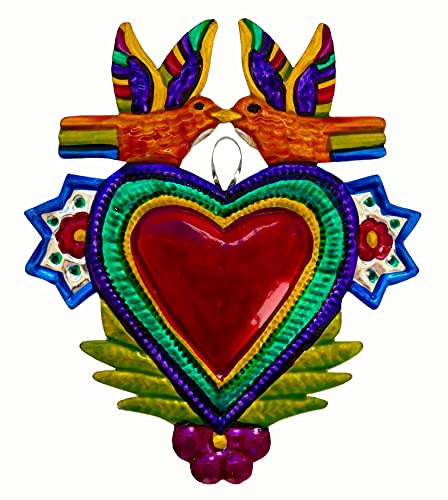 Tin Heart Milagro Ornament, Hand-Made Mexican Folk Art, Love Bird Doves (Tangerine Birds)